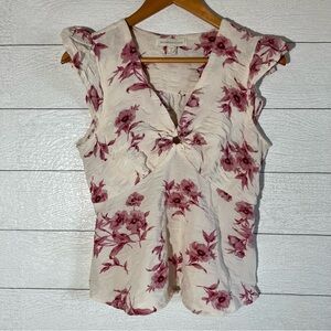 Monteau Cream and Pink Floral Sleeveless V-neck Blouse Size Medium